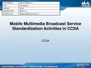 Mobile Multimedia Broadcast Service Standardization Activities in CCSA