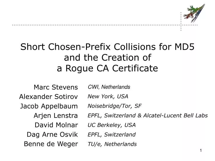 short chosen prefix collisions for md5 and the creation of a rogue ca certificate