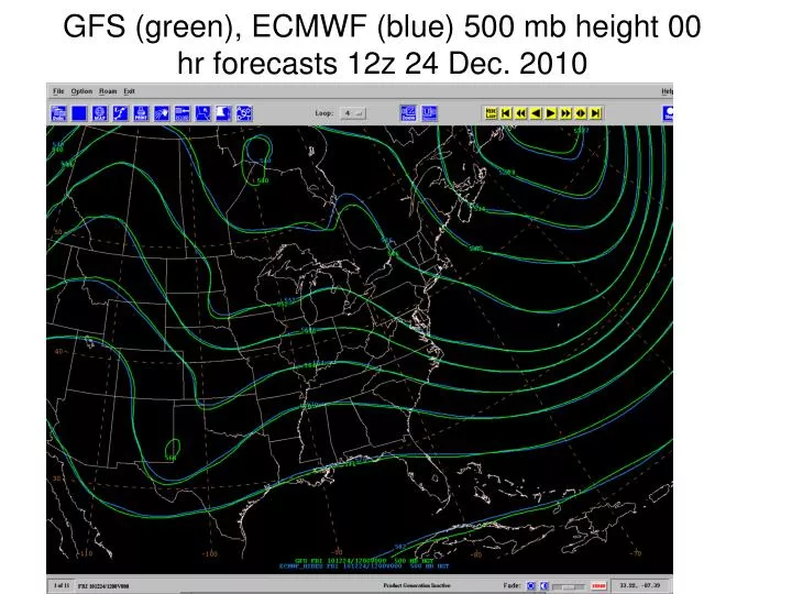 gfs green ecmwf blue 500 mb height 00 hr forecasts 12z 24 dec 2010