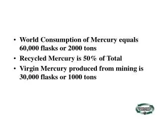 World Consumption of Mercury equals 60,000 flasks or 2000 tons Recycled Mercury is 50% of Total