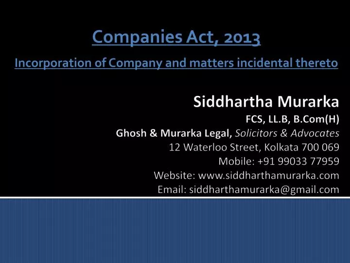 companies act 2013 incorporation of company and matters incidental thereto