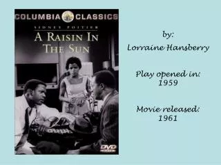 by: Lorraine Hansberry Play opened in: 1959 Movie released: 1961