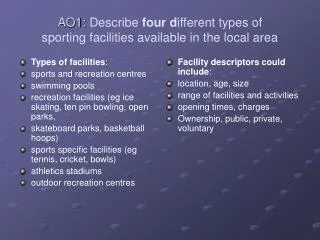 AO1: Describe four d ifferent types of sporting facilities available in the local area