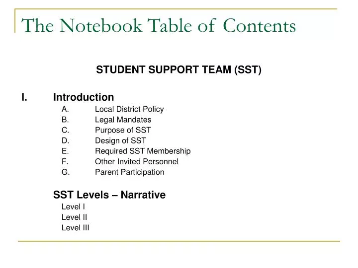 the notebook table of contents