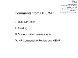 Comments from DOE/NP