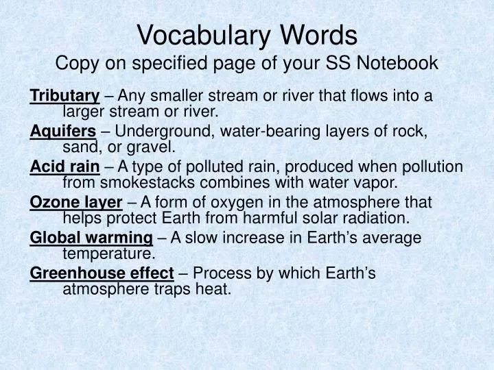 vocabulary words copy on specified page of your ss notebook