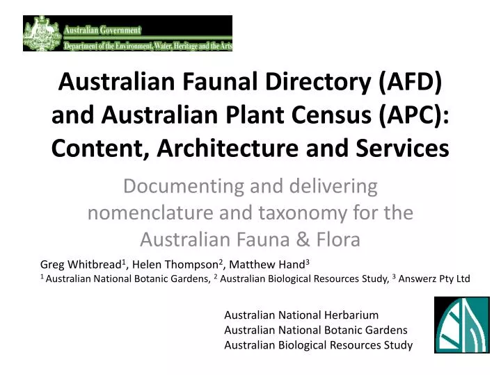 australian faunal directory afd and australian plant census apc content architecture and services