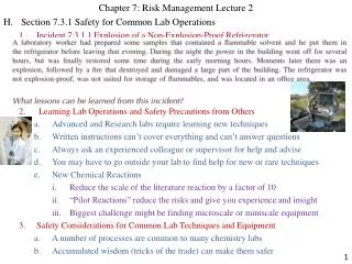 Chapter 7: Risk Management Lecture 2 H.	Section 7.3.1 Safety for Common Lab Operations