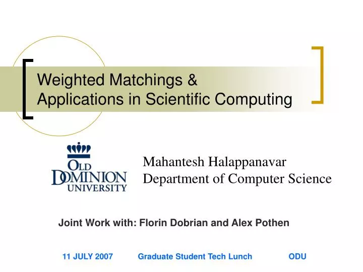 weighted matchings applications in scientific computing
