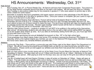 HS Announcements: Wednesday, Oct. 31 st