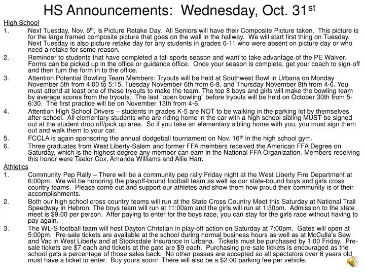 hs announcements wednesday oct 31 st