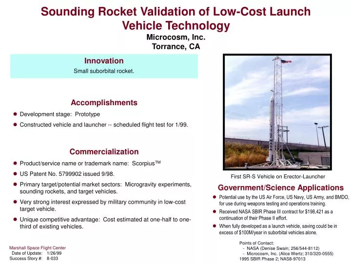 sounding rocket validation of low cost launch vehicle technology microcosm inc torrance ca