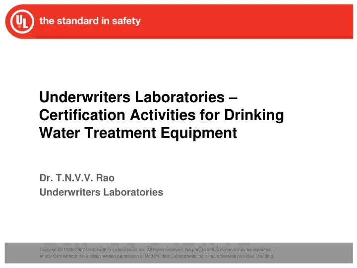 underwriters laboratories certification activities for drinking water treatment equipment