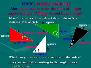 Identify the names of the sides of these right angled-triangles given angle k