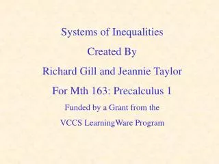 Systems of Inequalities Created By Richard Gill and Jeannie Taylor For Mth 163: Precalculus 1