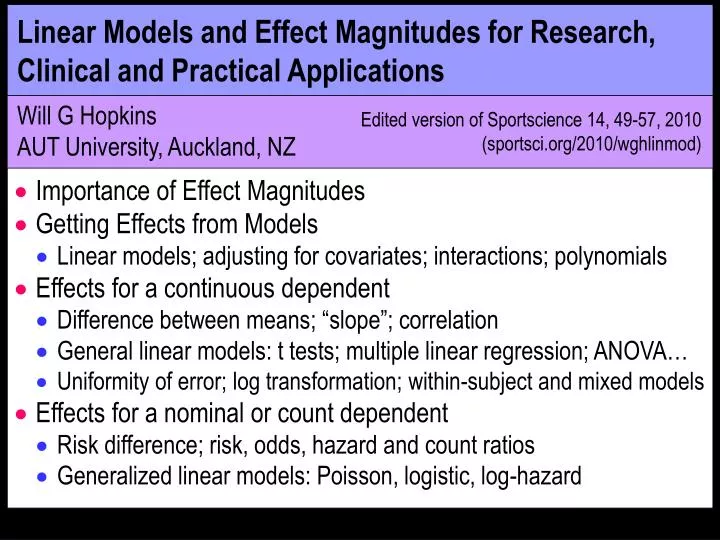 linear models and effect magnitudes for research clinical and practical applications