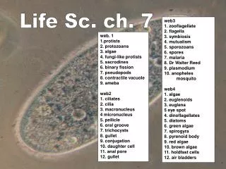 web. 1 1.protists 2. protozoans 3. algae 4. fungi-like protists 5. sacrodines 6. binary fission