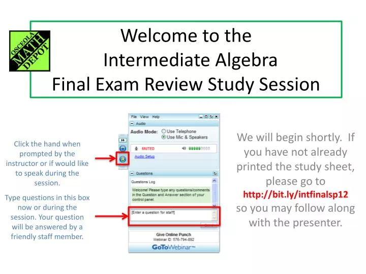welcome to the intermediate algebra final exam review study session