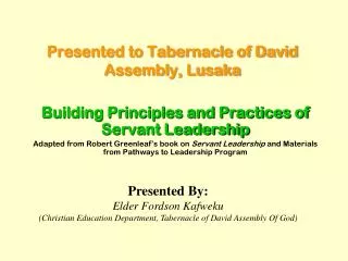 Presented to Tabernacle of David Assembly, Lusaka