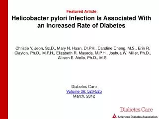 Helicobacter pylori Infection Is Associated With an Increased Rate of Diabetes