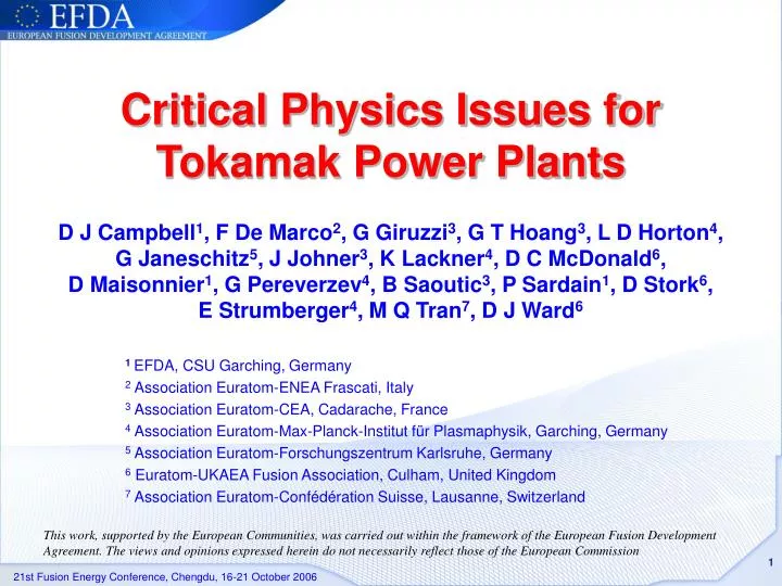 critical physics issues for tokamak power plants