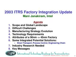 2003 ITRS Factory Integration Update Mani Janakiram, Intel