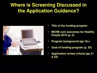 Where is Screening Discussed in the Application Guidance?