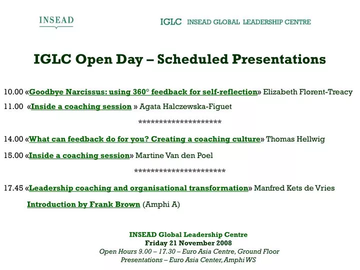 iglc open day scheduled presentations