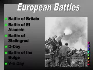 Battle of Britain Battle of El Alamein Battle of Stalingrad D-Day Battle of the Bulge V-E Day