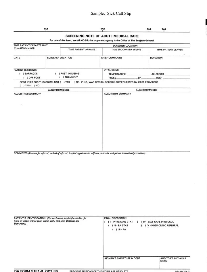 sample sick call slip