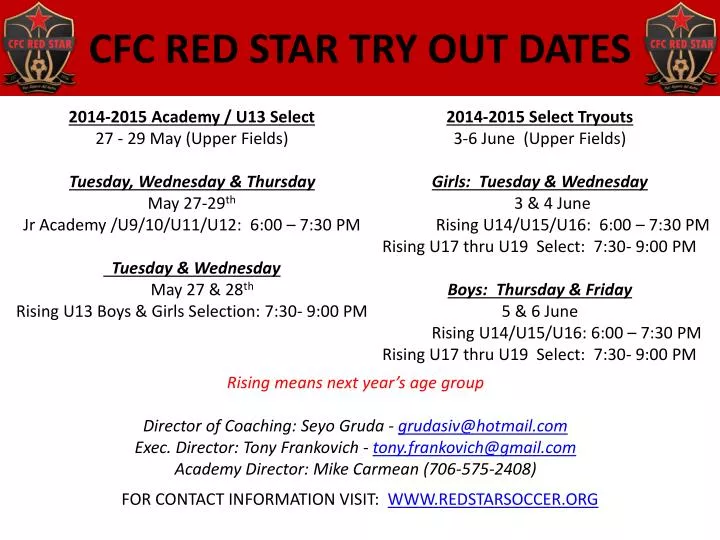cfc red star try out dates