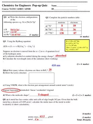 Q1 : a) Write the electron configurations of the following species e.g. Si is [Ne]3s 2 3p 2