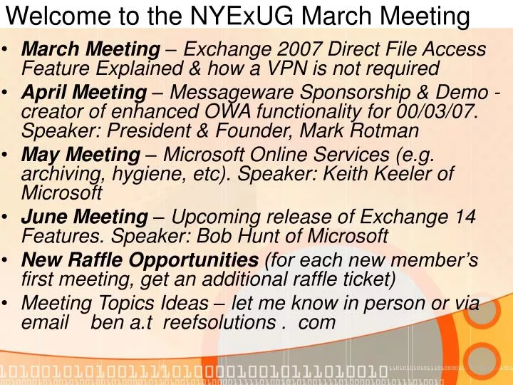 welcome to the nyexug march meeting