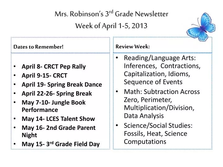 mrs robinson s 3 rd grade newsletter week of april 1 5 2013