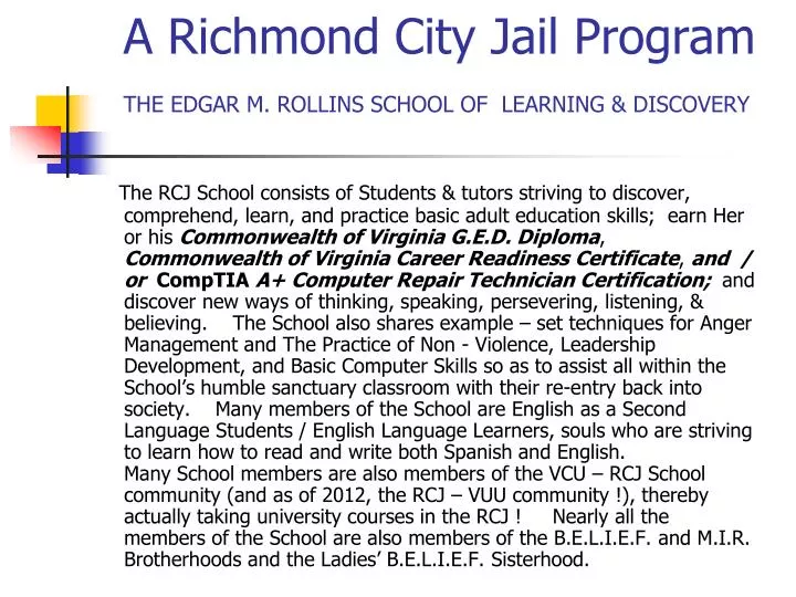 a richmond city jail program the edgar m rollins school of learning discovery