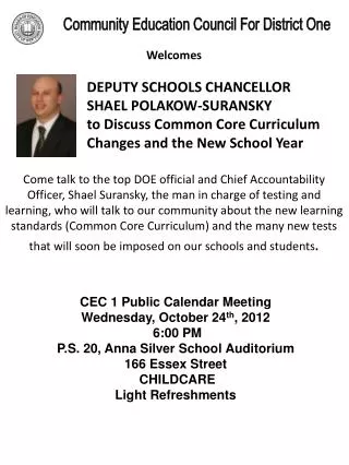 CEC 1 Public Calendar Meeting Wednesday, October 24 th , 2012 6:00 PM