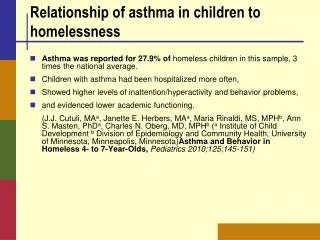 Relationship of asthma in children to homelessness