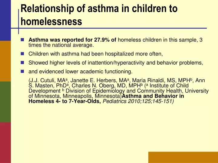 relationship of asthma in children to homelessness