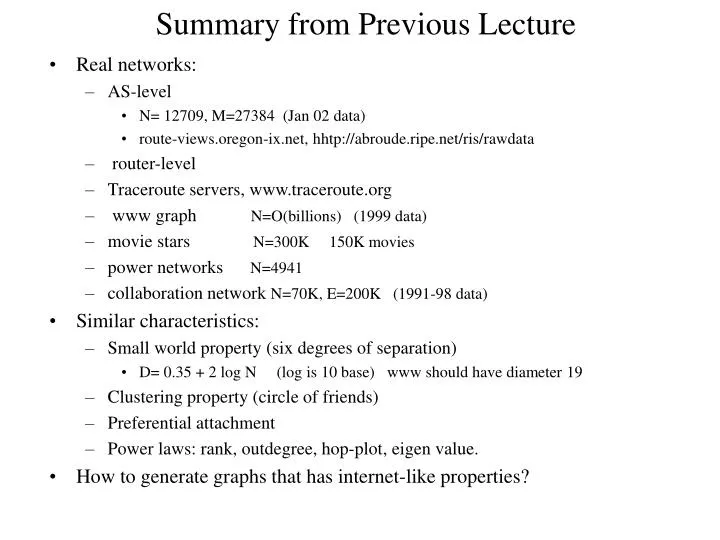 summary from previous lecture