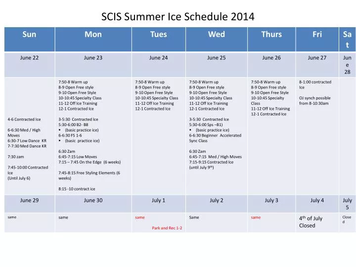 scis summer ice schedule 2014