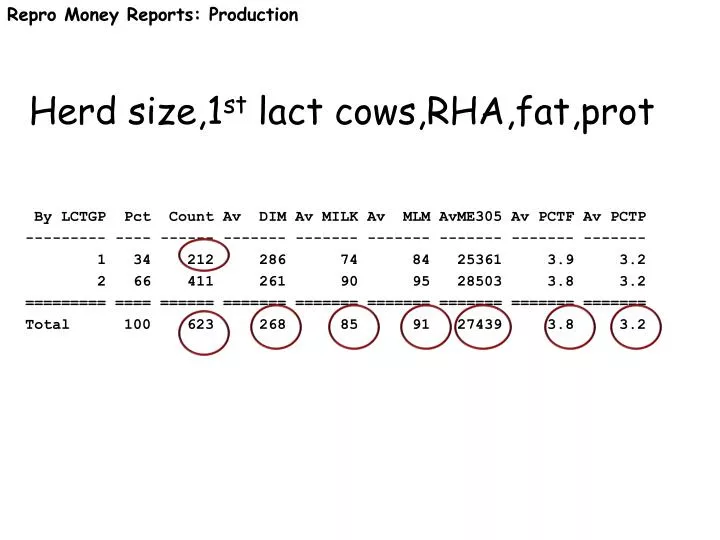 herd size 1 st lact cows rha fat prot