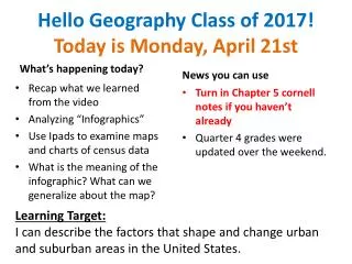 Hello Geography Class of 2017! Today is Monday, April 21st
