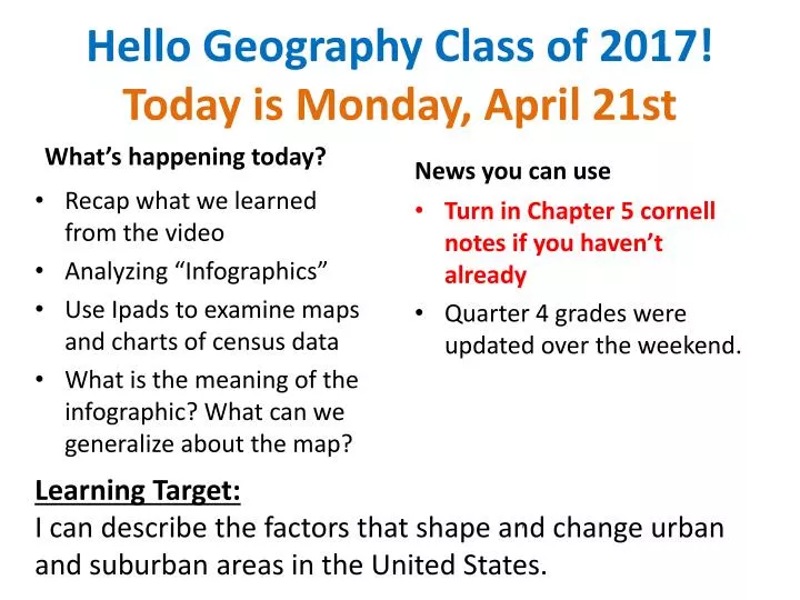 hello geography class of 2017 today is monday april 21st