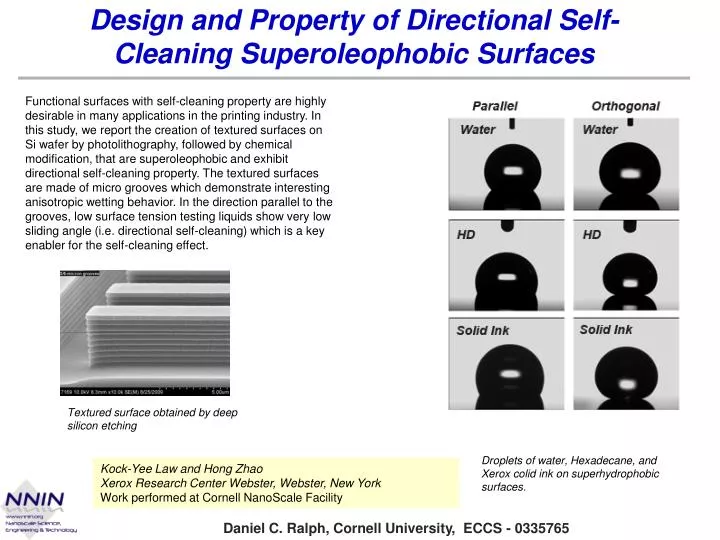 design and property of directional self cleaning superoleophobic surfaces