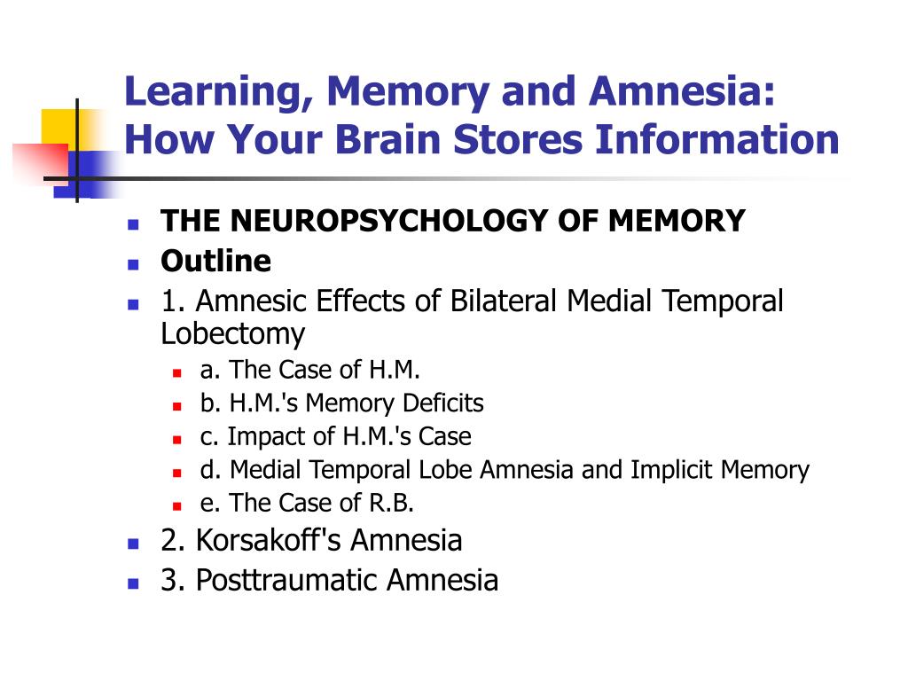 PPT - Learning, Memory and Amnesia: How Your Brain Stores Information ...
