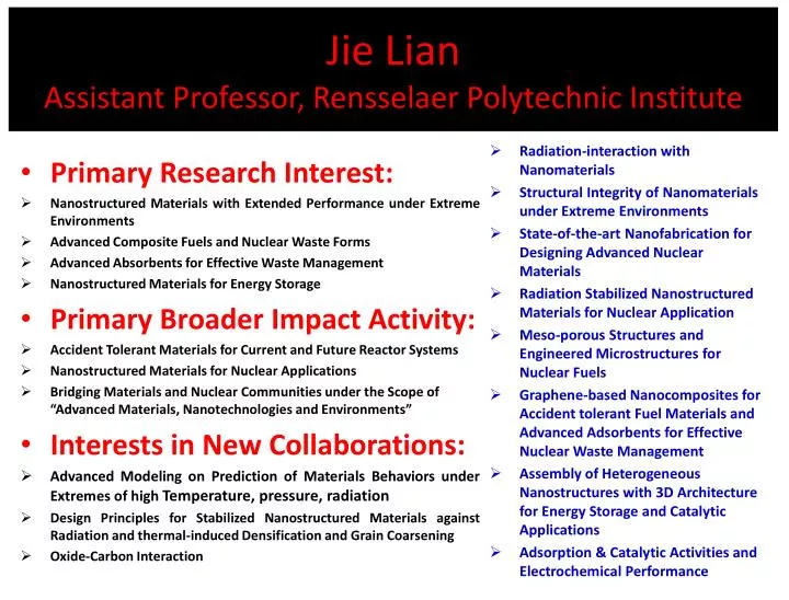 jie lian assistant professor rensselaer polytechnic institute