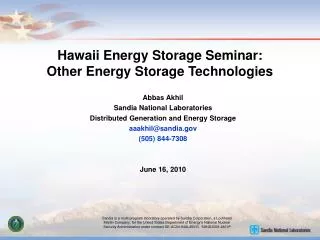 Hawaii Energy Storage Seminar: Other Energy Storage Technologies