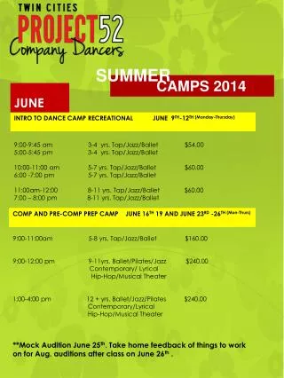 INTRO TO DANCE CAMP RECREATIONAL JUNE 9 TH -12 TH (Monday-Thursday)