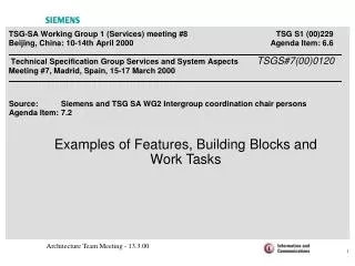 Examples of Features, Building Blocks and Work Tasks