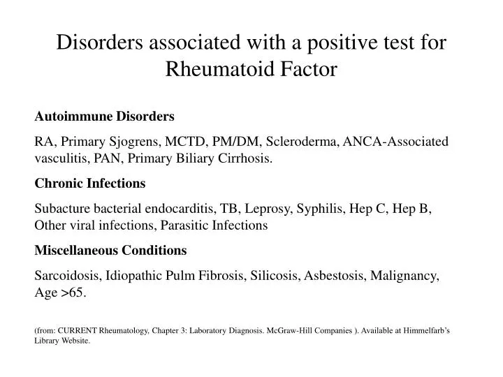 disorders associated with a positive test for rheumatoid factor